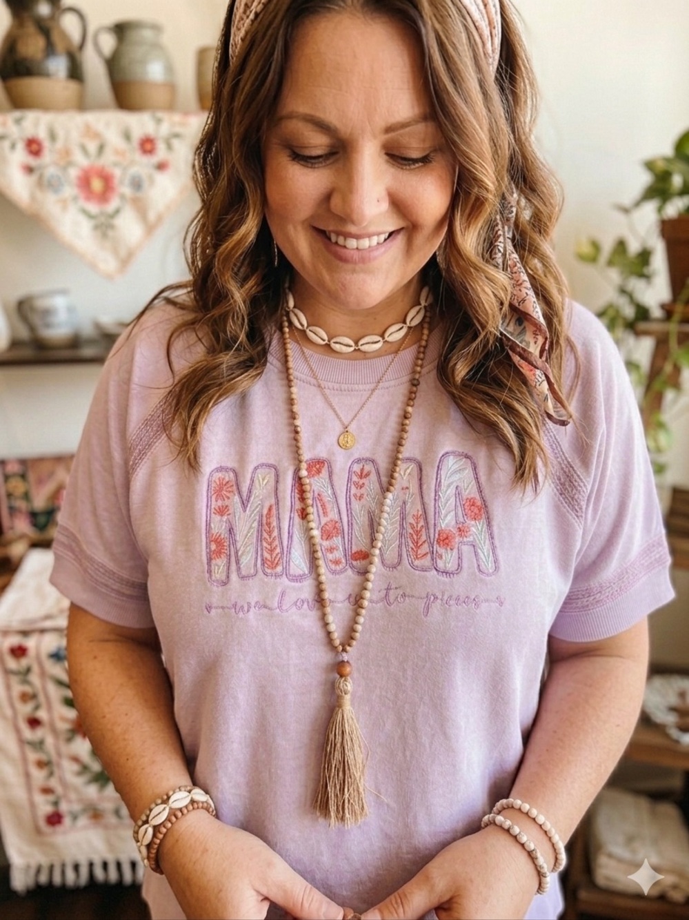 Simply Stitched in Lavender Floral Embroidered 'MAMA' Short Sleeve Tee